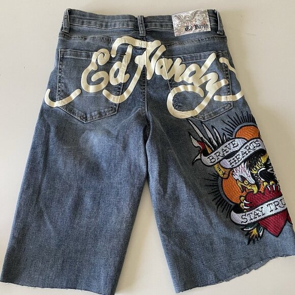 Ed Hardy Women’s Heart Eagle Embroidered Denim Cut Off Shorts Jorts Size 26 - Picture 1 of 16